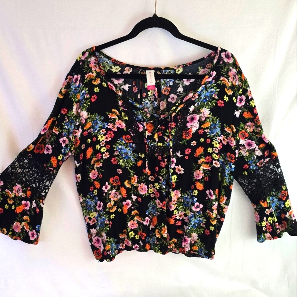 Floral Sz XL Black Lace Sleeve Tie Cottagecore Grommet Women Shirt Elastic Waist - Picture 2 of 13